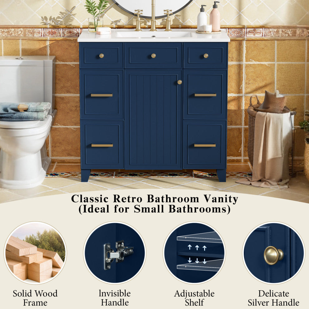 36 Inch Freestanding Bathroom Vanity with Ceramic Sink, Blue