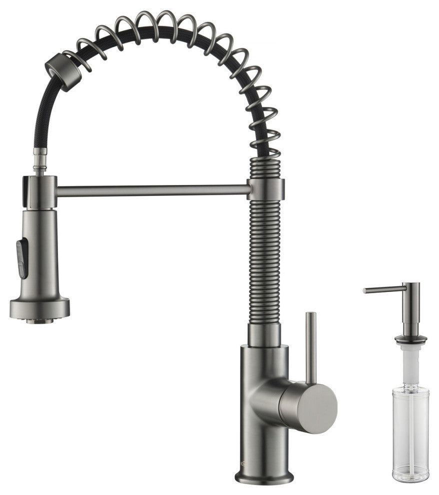 Aurora Single Handle Pull Down Kitchen Faucet, Titanium, W/ Soap Dispenser
