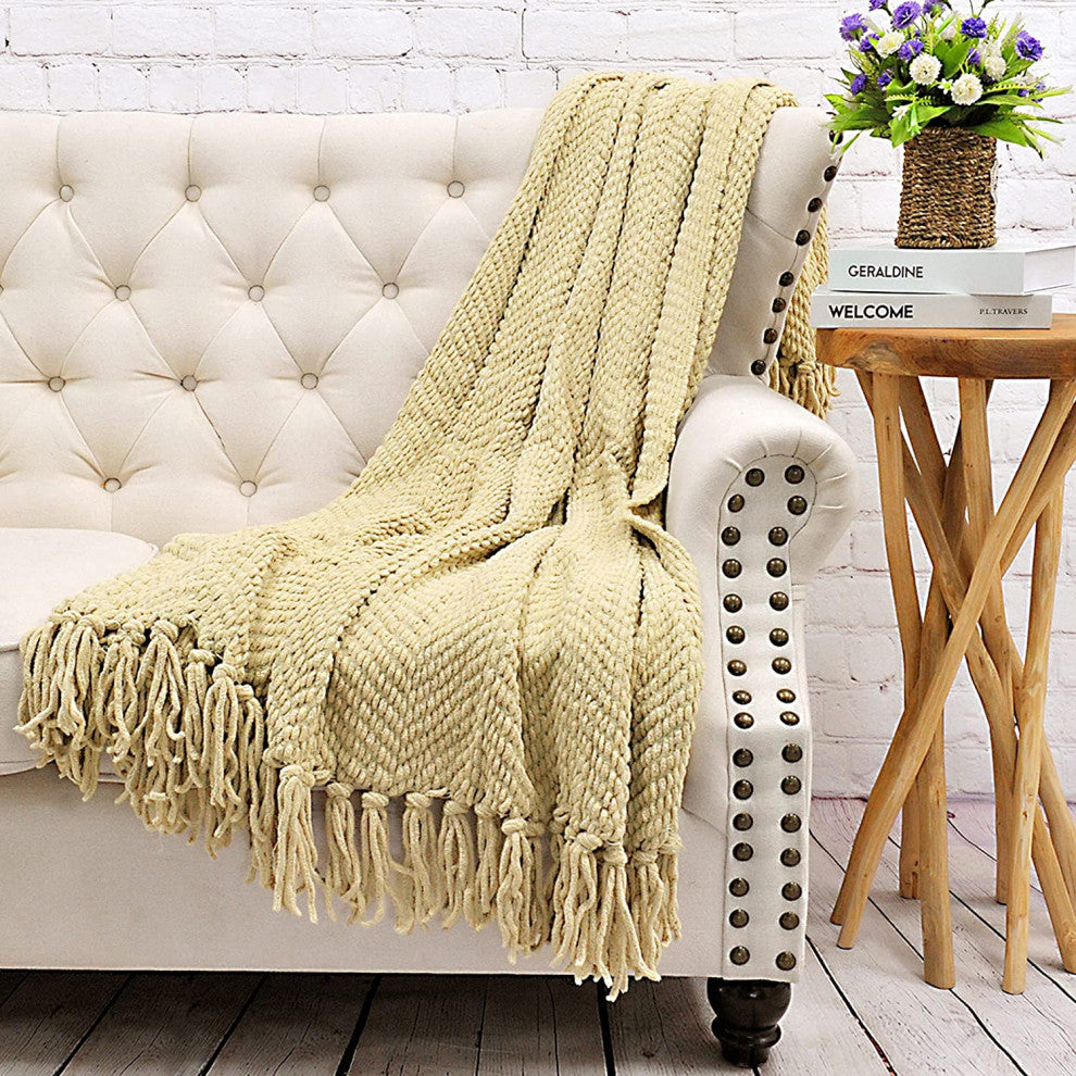 Tweed Knitted Throw Blanket, Light Camel Beige, 50"x60"