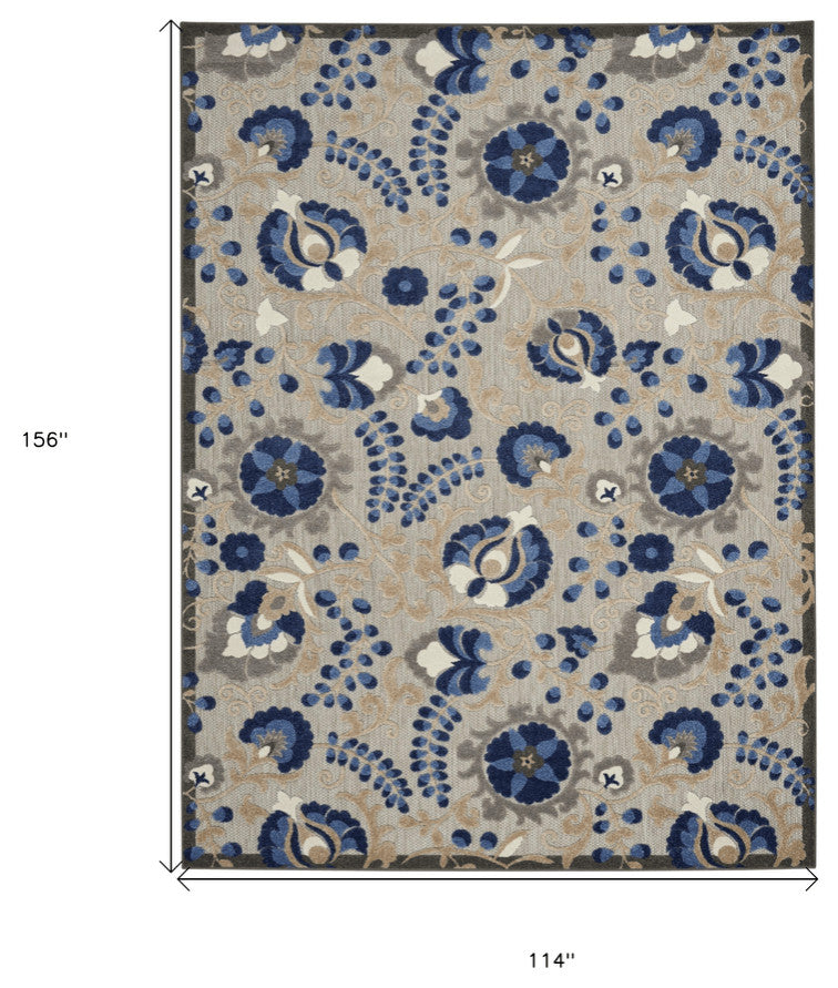 10' X 13' Natural And Blue Toile Non Skid Indoor Outdoor Area Rug