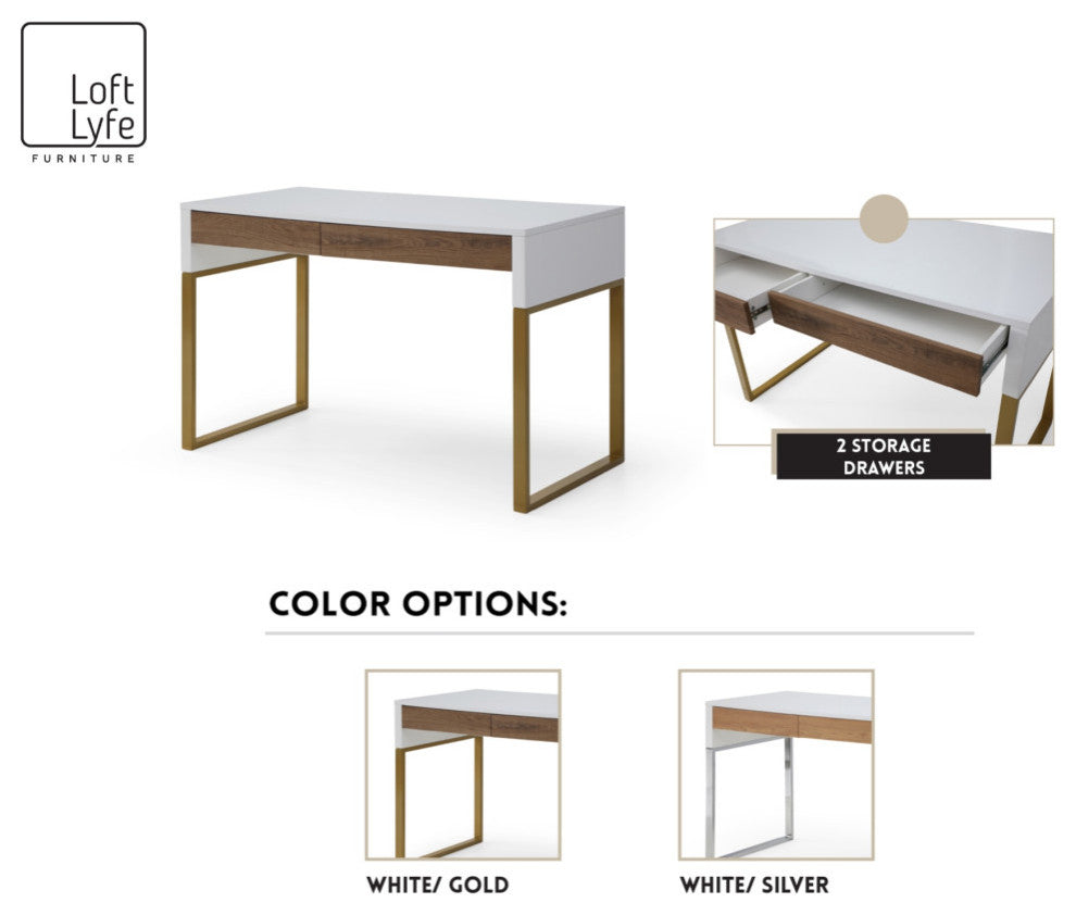 Loft Lyfe Anisa Desk, 2 Storage Drawers, White/Silver