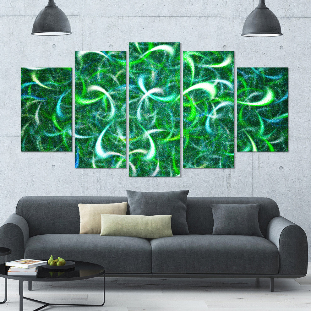 Dark Green Watercolor Fractal Art, Contemporary Art on Canvas, 60"x32", 5 Panels