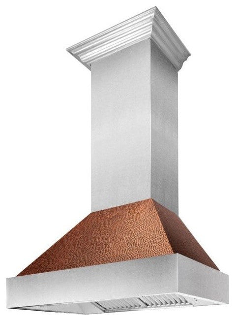 Ducted DuraSnow Stainless Steel Range Hood with Hand-Hammered Copper Shell