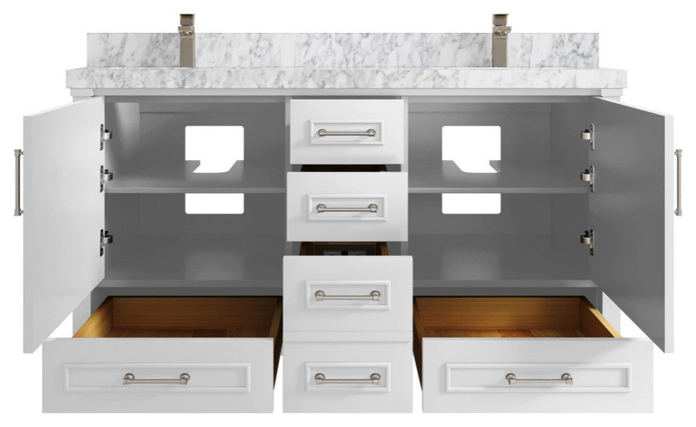 Aberdeen 60 Double Bathroom Vanity in White 2" Carrara Marble