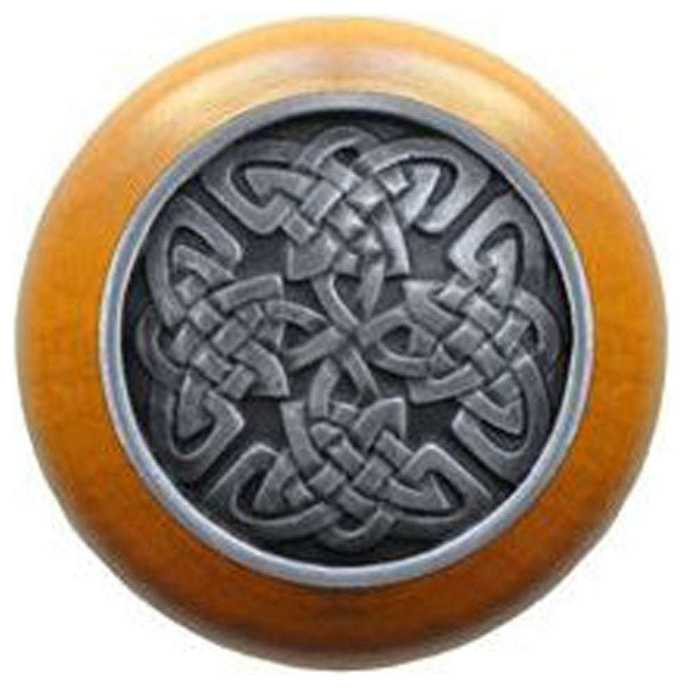 Celtic Isles Wood Knob, Antique Brass, Maple Wood Finish, Antique Pewter