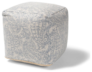 Geneva Ivory and Blue Handwoven Paisley Pouf Ottoman