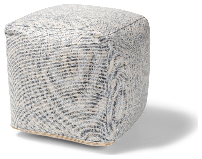 Geneva Ivory and Blue Handwoven Paisley Pouf Ottoman