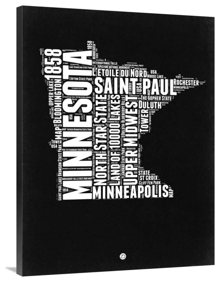 "Minnesota Black and White Map" Fine Art Print