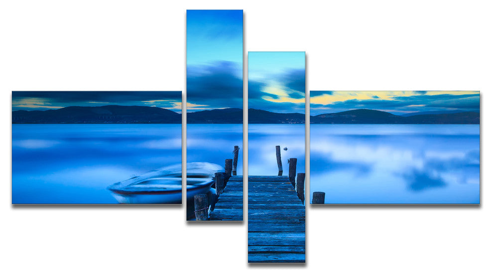 Cloudy Blue Sky with Pier, Seascape Canvas Art Print, 60"x32", 4 panels
