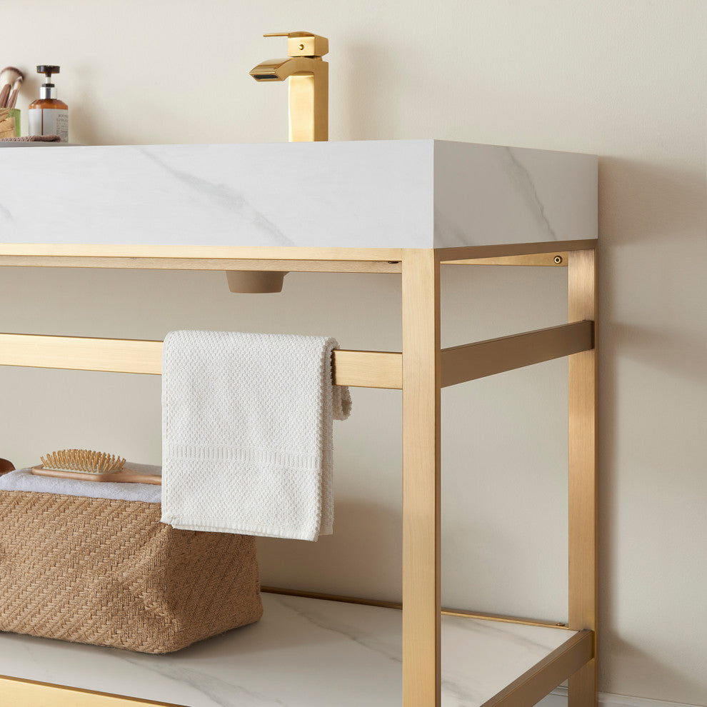 Funes Bath Vanity without Mirror, Brushed Gold Hardware, 72'', White Stone Top