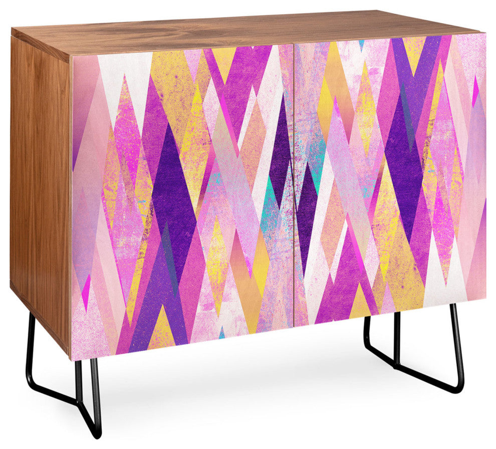 Deny Designs Geo Summer Credenza, Walnut, Black Steel legs