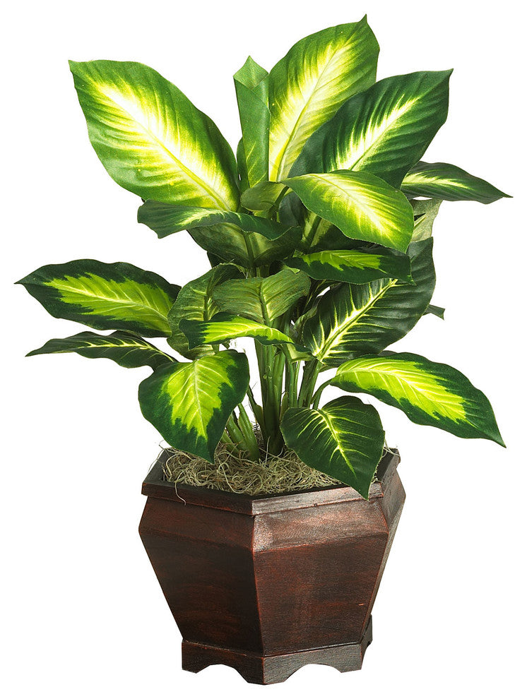 Golden Dieffenbachia With Wood Vase Silk Plant
