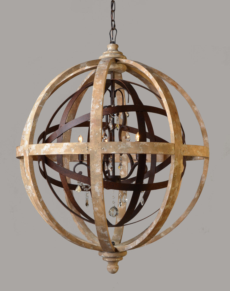 Iron and Wood Globe Pendant With Crystal Accents