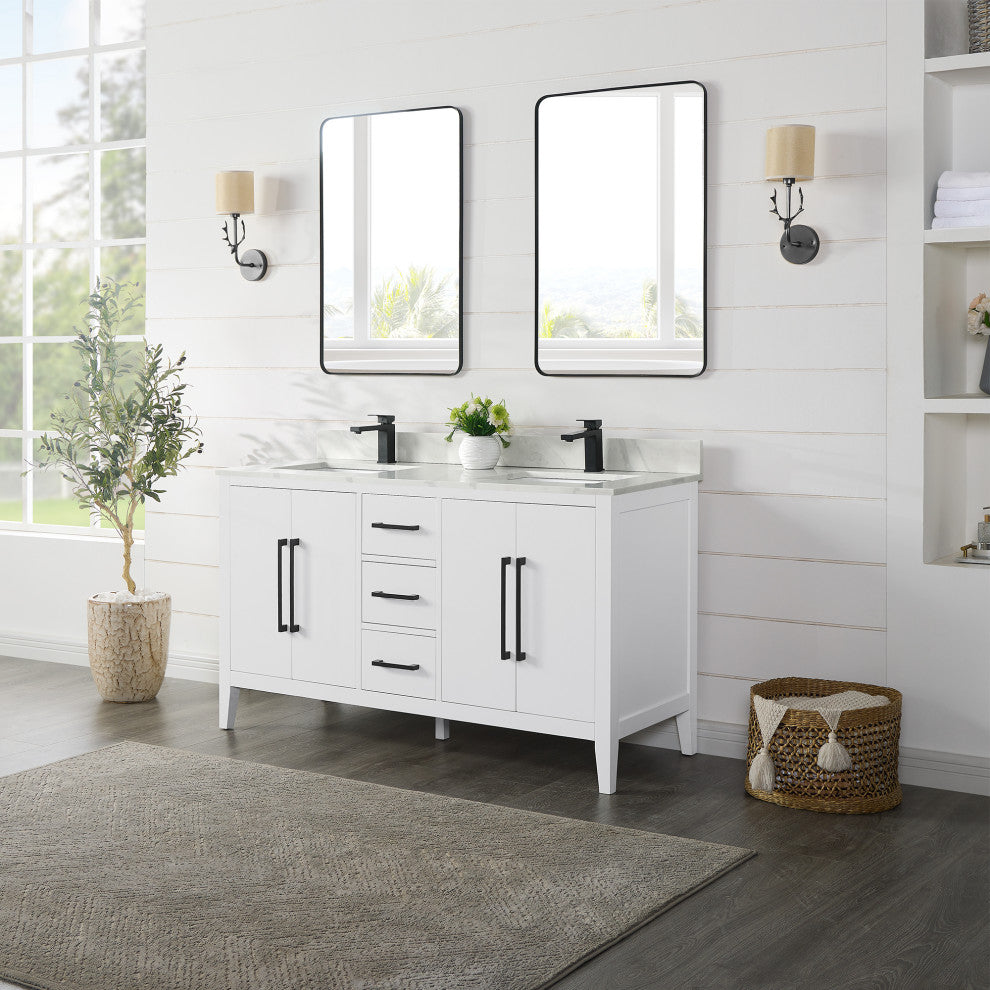 Laurel Bathroom Vanity with Calacatta White Quartz Stone Countertop, White, 60", With Mirror