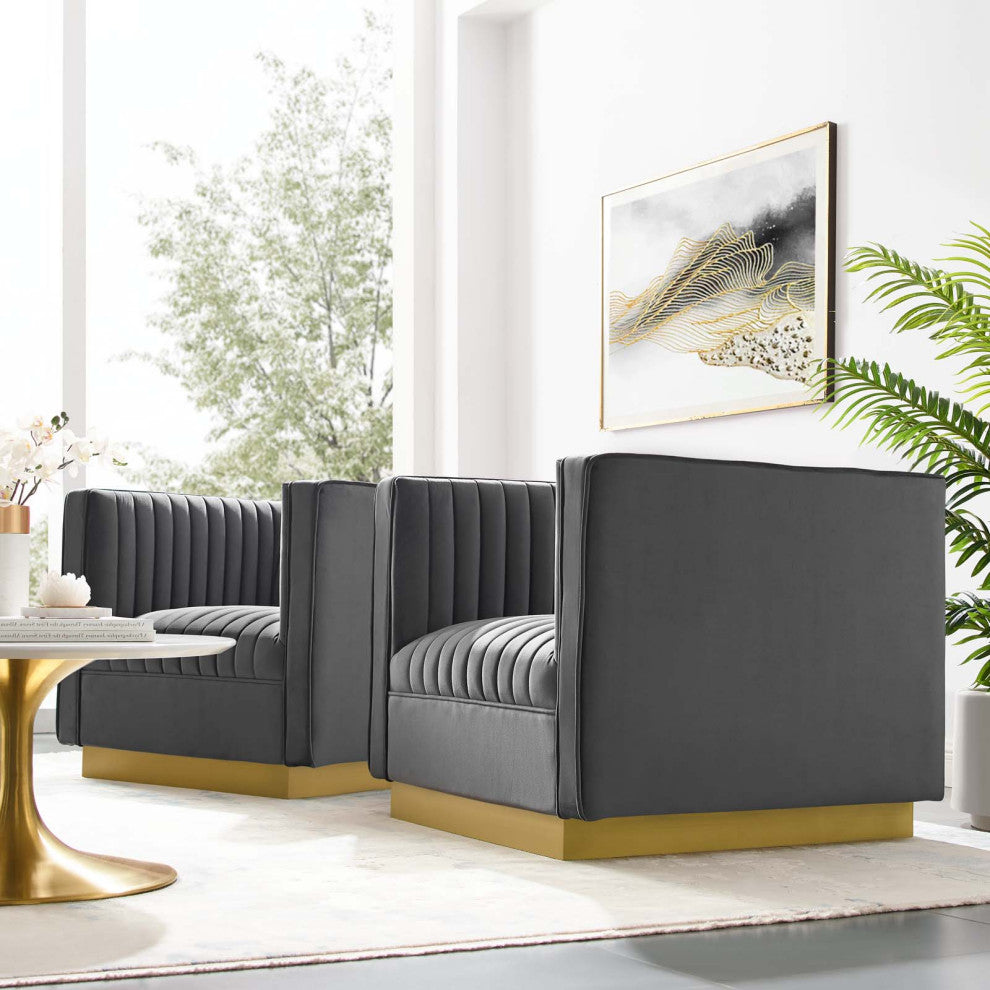 Tufted Armchair Accent Chair, Set of 2, Velvet, Gray, Modern, Lounge