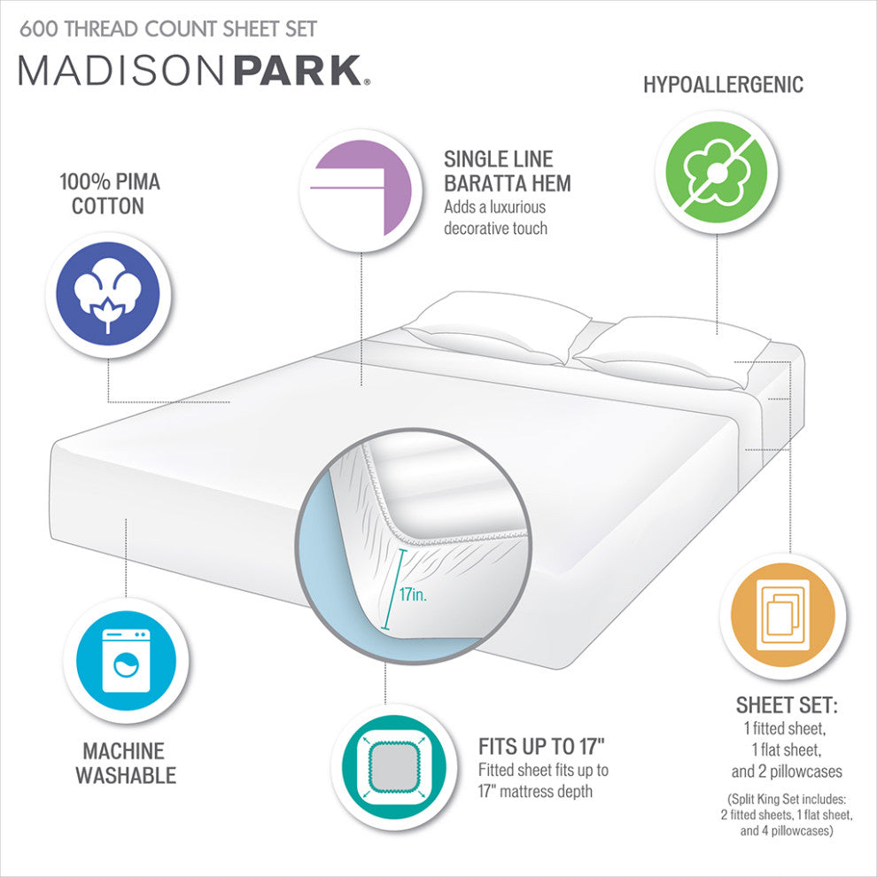 Madison Park 600 Thread Count Pima Cotton Sateen Sheet Set, Gold