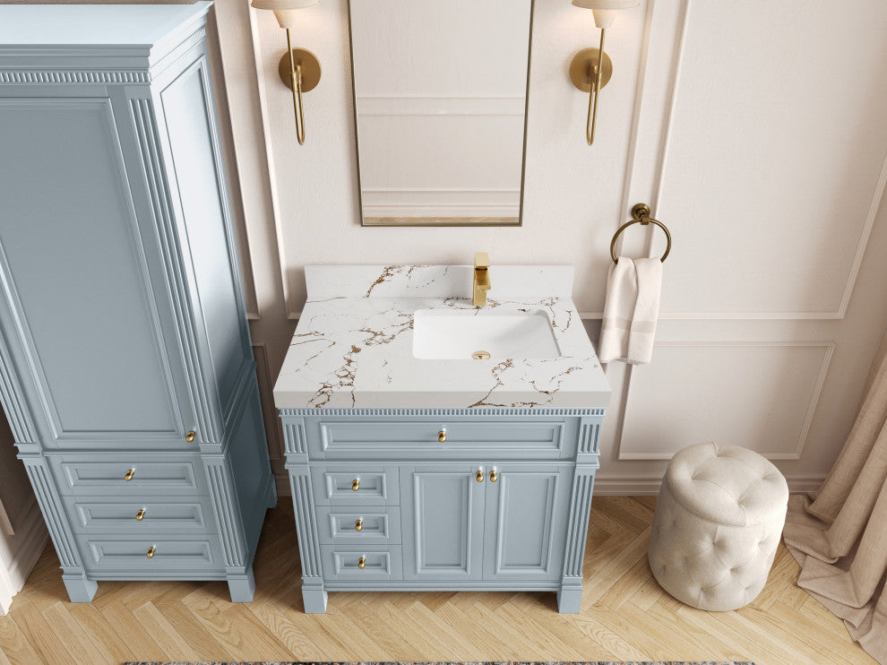 Paris 36" Right Offset Bathroom Vanity, Blue Heather 2" Viola Brown