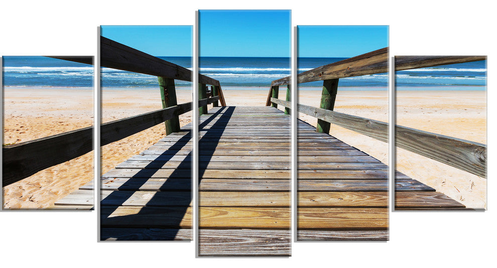 Long Boardwalk into Blue Seashore, Seashore Canvas Art Print, 60"x32", 5 Panels