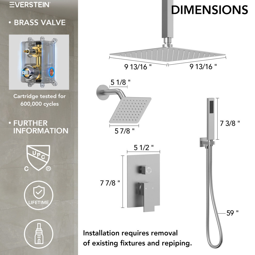 Dual Heads 3-Functions Shower System With Pressure Balancing Rough-In Valve, Brushed Nickel