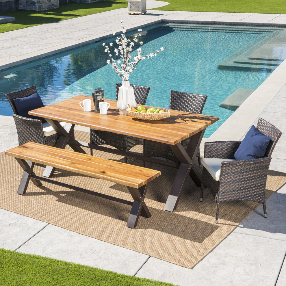 GDF Studio 6-Piece Trellis Outdoor Wood Dining Set With Wicker Dining Chairs
