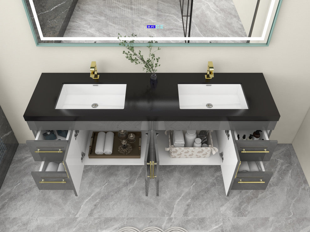 Rosa 72" Wall Mounted Modern Vanity, High Gloss Gray, Matt Black Top