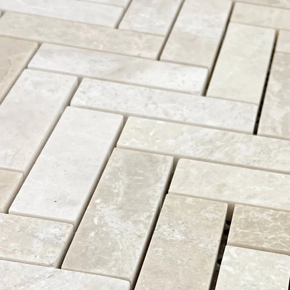 Vanilla Beige 1"x3" Herringbone on 12" x 12" Mesh Mosaic Tile (10 sqft per box)