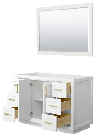 48" Single Bath Vanity, White, No Countertop, Gold Trim, 46" Mirror