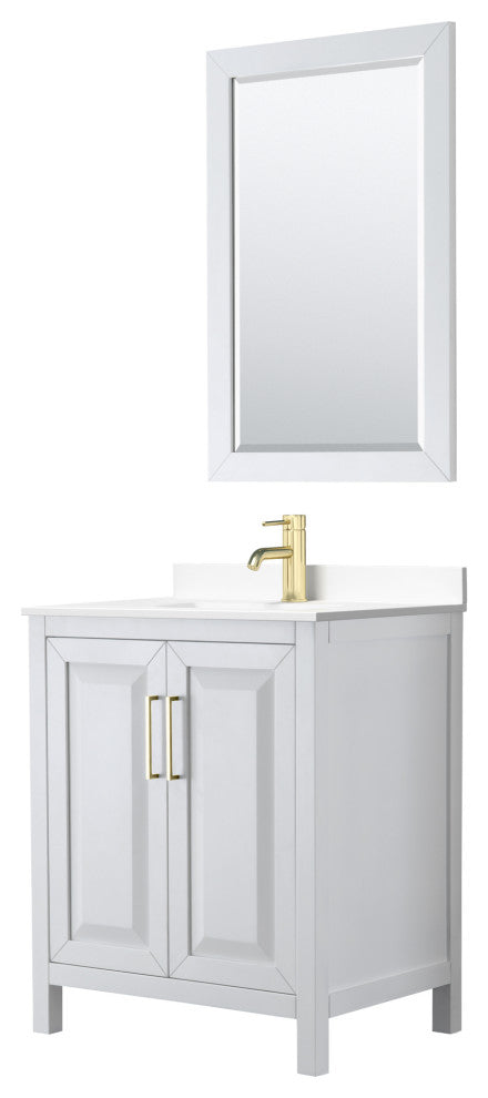 30"SGL Vanity White, White Cult. Marble Countertop, Sink, 24"Mirror, Gold Trim
