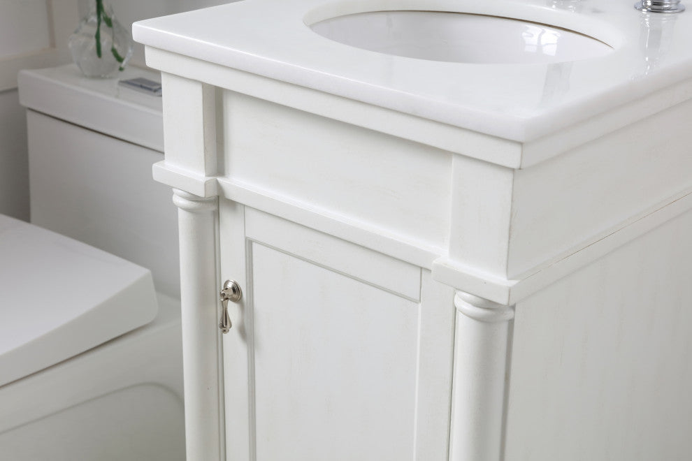 18" Single Bathroom Vanity, Antique White With Ivory White Engineered Marble