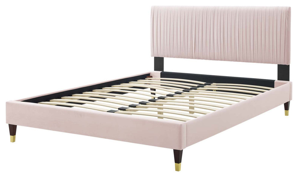 Platform Bed Frame, Queen Size, Velvet, Pink, Modern Contemporary, Bedroom