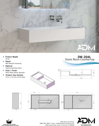ADM Rectangular Countertop Sink, White, 32", Glossy White, On-Right