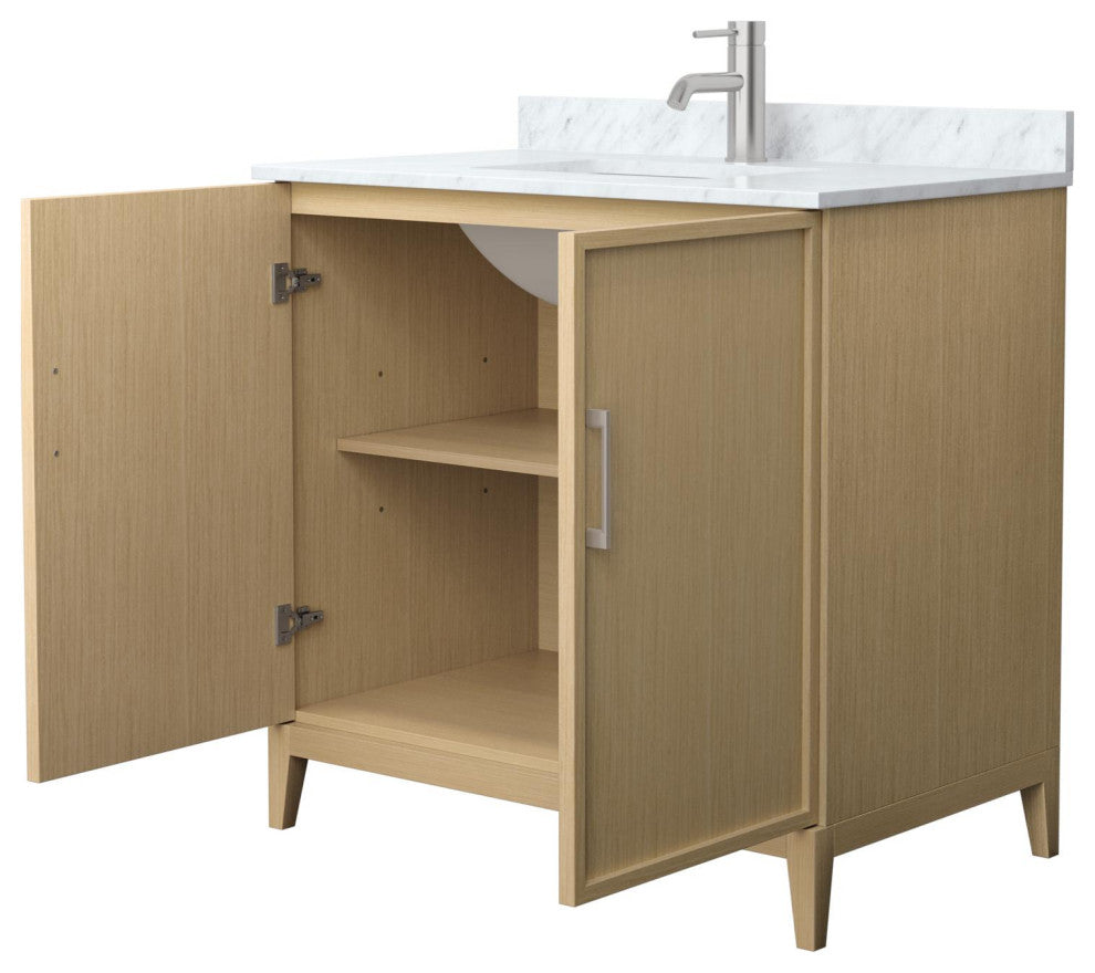 Elan 36" Single Vanity, White Oak, White Carrara Marble Top, Nickel Trim