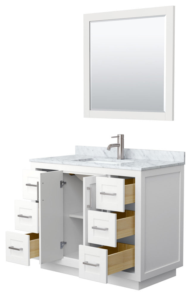 42"SGL Bathroom Vanity White, Carrara Countertop, Sink, Nickel Trim, 34" Mirror