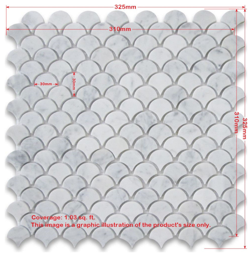 Carrara White Marble Fish Scale Dragon Scale Fan Mosaic Tile Polished, 1 sheet