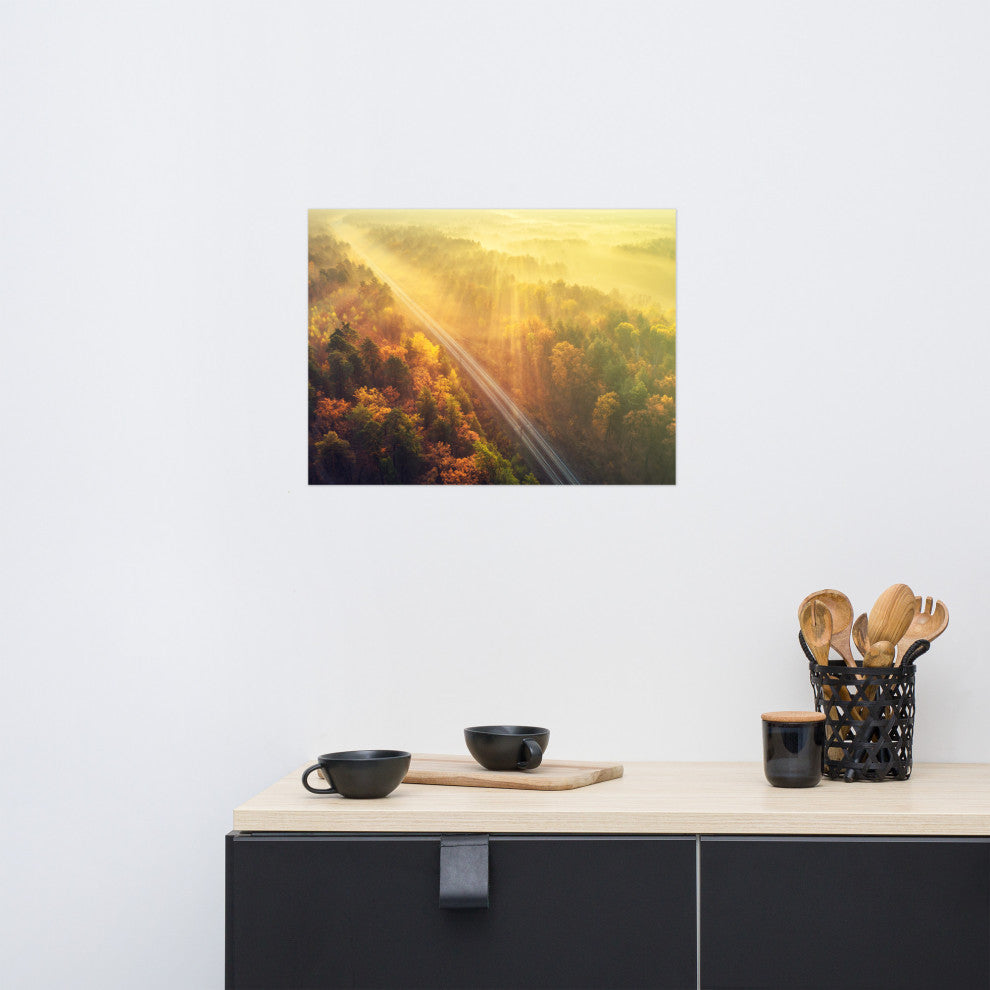 Sunrise Railroad Though Misty Forest Landscape Photo Loose Wall Art Prints, 18" X 24"