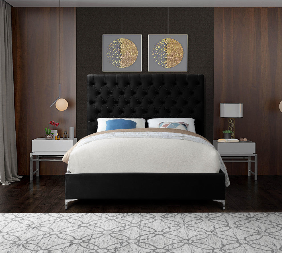Cruz Velvet Upholstered Bed, Black, Full