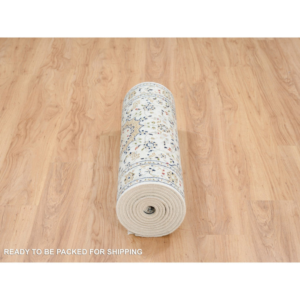 Ivory, Nain, 250 KPSI Wool and Silk Hand Knotted Runner Rug, 2'8" x 13'3"