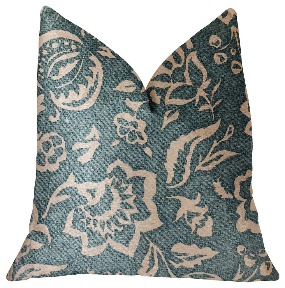 Elsi Pom Blue and Beige Luxury Throw Pillow, 26"x26"