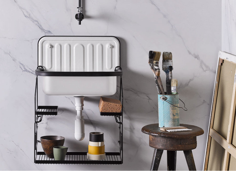 Wall Mounted Service / Utility Sink, White Glazed Steel, Black Trim