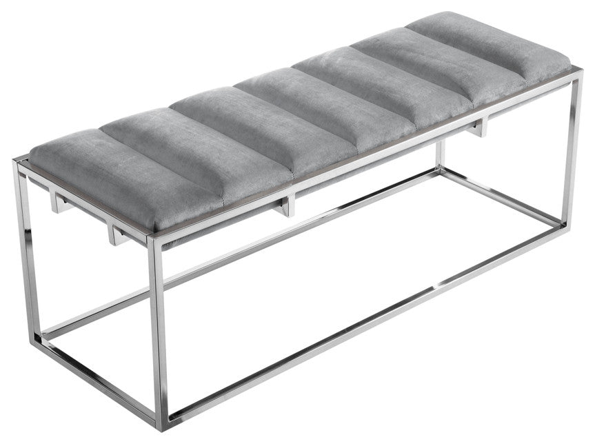 50" Gray And Silver Upholstered Velvet Bench