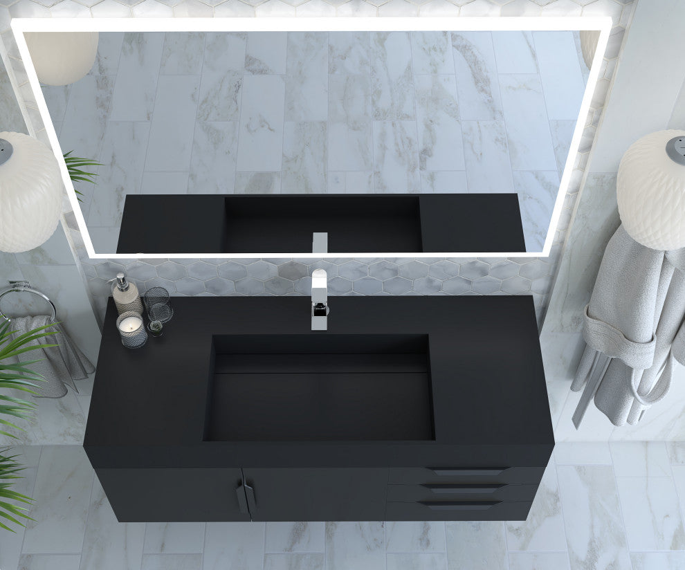 CastelloUSA Amazon 48" Wall Mounted Vanity Set, Black, Black Top, Black Handles