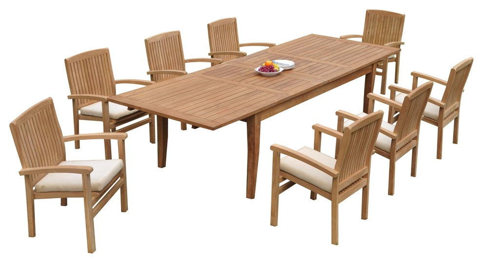 9-Piece Teak Dining Set: 122" X-Large Rectangle Table, 8 Wave Stacking Chairs