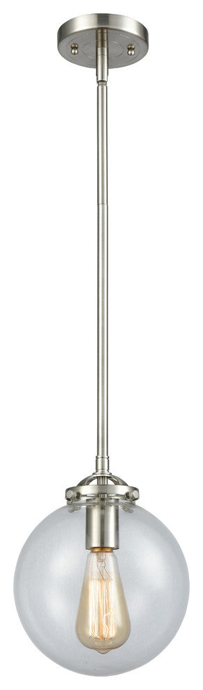 1-Light Beacon 8" Mini Pendant, Brushed Satin Nickel, Glass: Clear