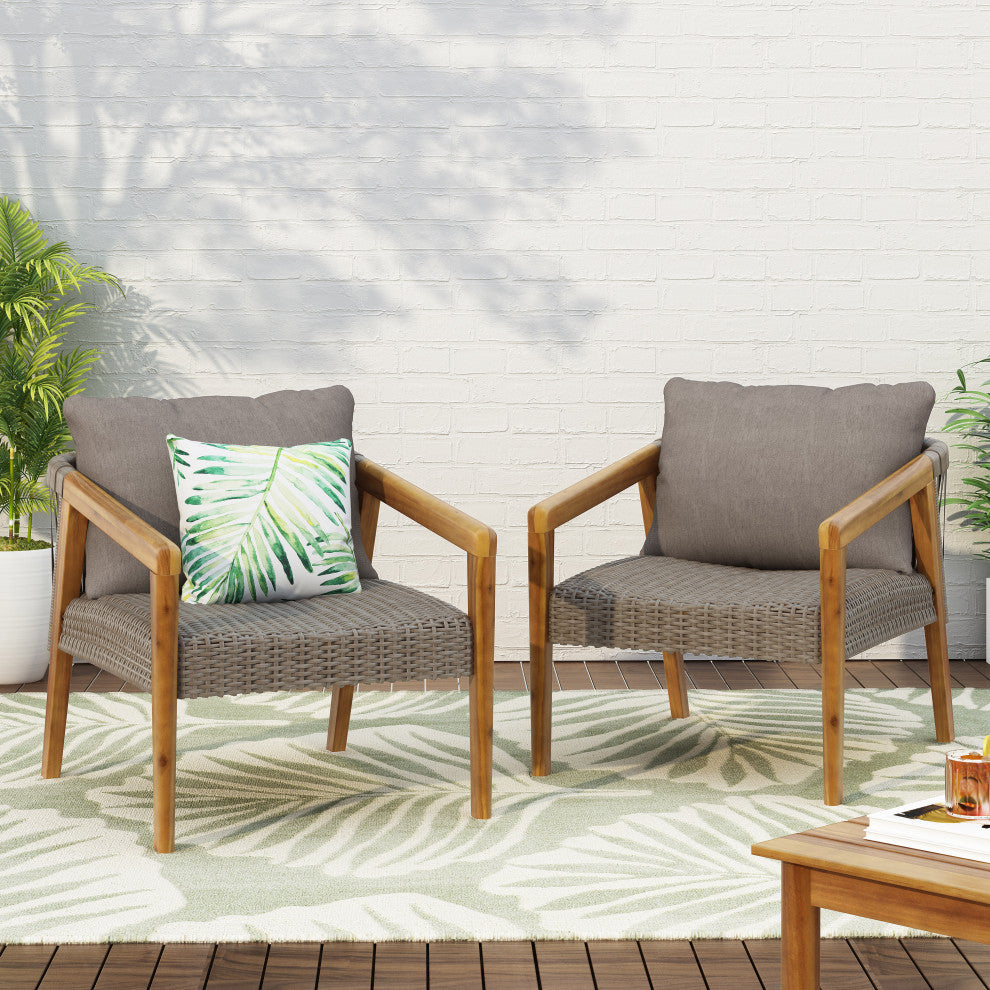 Breck Outdoor Acacia Wood and Wicker Club Chairs with Cushion, Set of 2