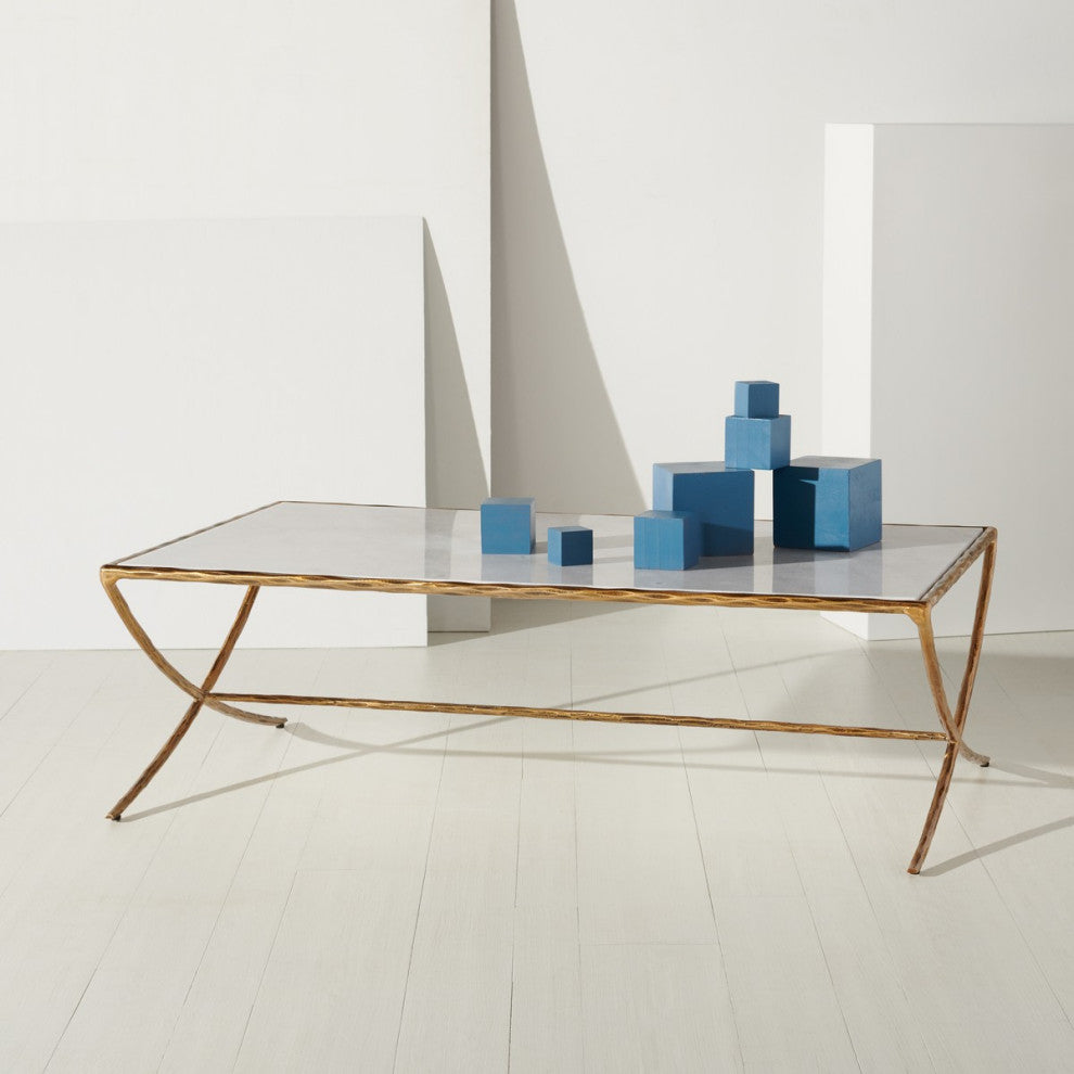 Safavieh Couture Debbie Rectangle Metal Coffee Table, Brass/White
