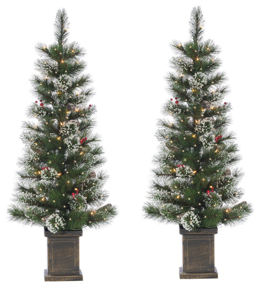 Potted Spruce With Iced Tips, Pine Cones, Berries, 50 Lights, 4 Foot, Set of 2
