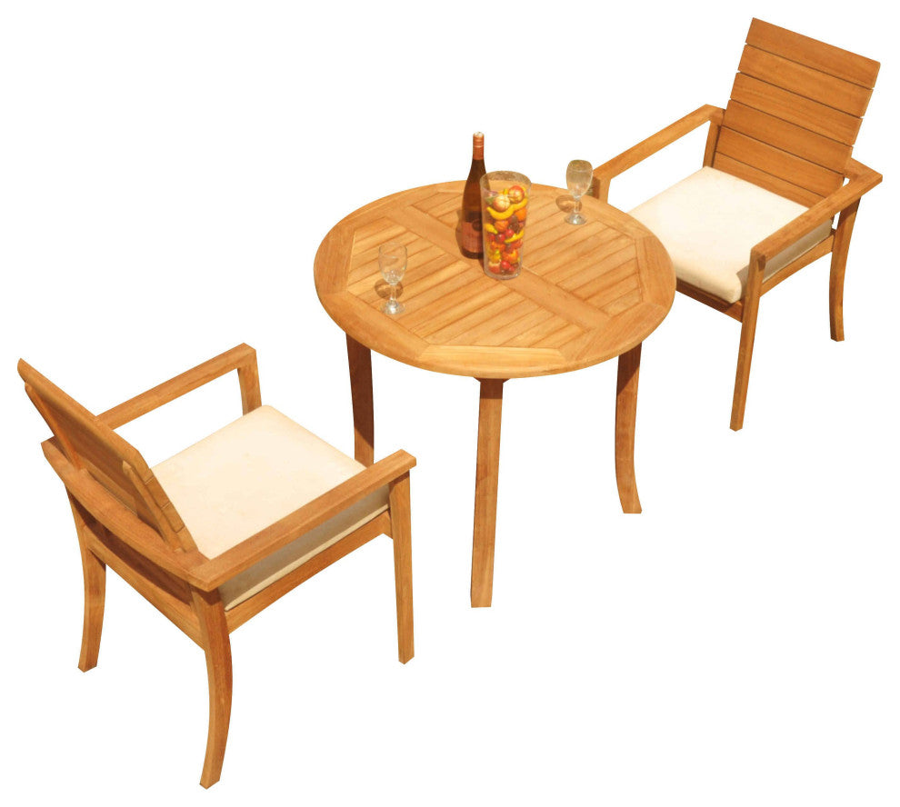 3-Piece Outdoor Teak Dining Set: 36" Round Table, 2 Alps Stacking Arm Chairs