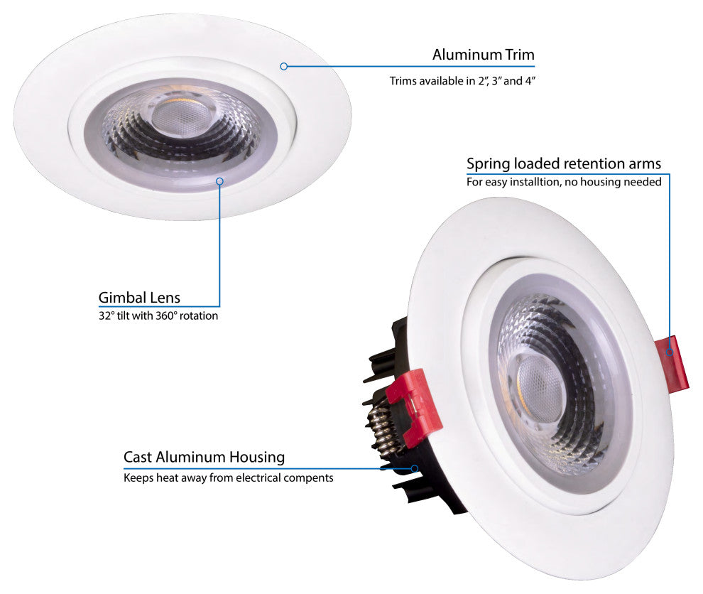 4" LED Gimbal Recessed Downlight, White, 3000k