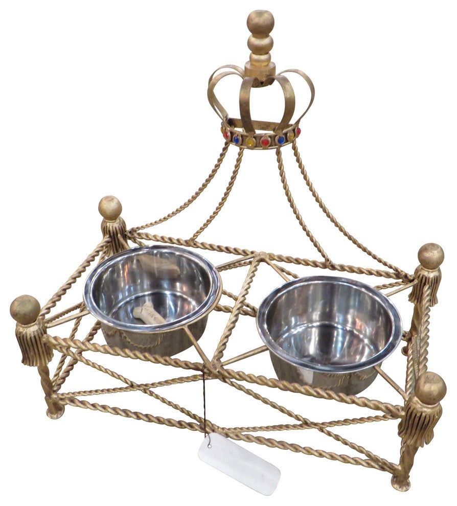 Jeweled Crown Gold Iron Dog Feeder Dish, Pet Canopy Metal Royal Bowl