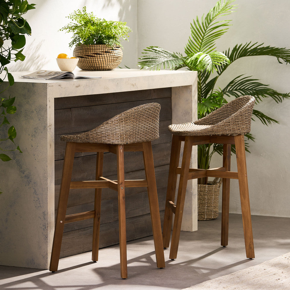 Beeson Outdoor Wicker and Acacia Wood 30" Barstools, Set of 2